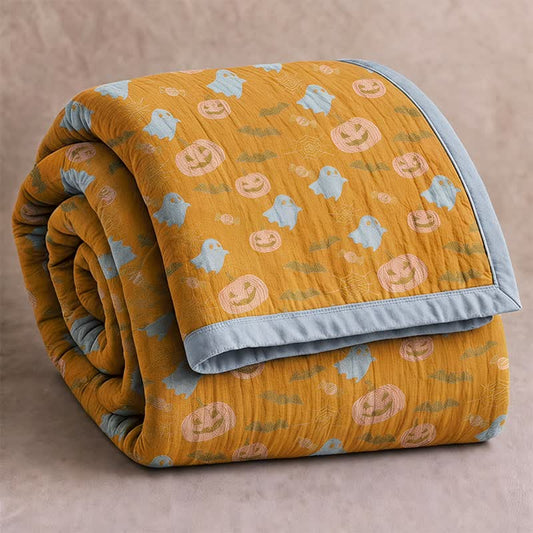 Couverture réversible en coton Ownkoti avec citrouille et fantôme pour Halloween - Orange et jaune - Couverture - 98" x 94" - image 0