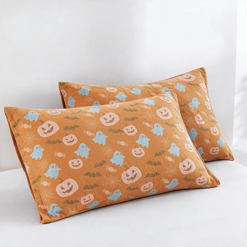 Couverture réversible en coton Ownkoti avec citrouille et fantôme pour Halloween - Orange et jaune - 2 taies d'oreiller - 20 po x 36 po - image 5