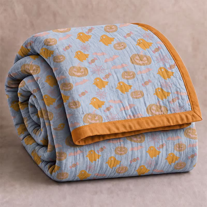 Couverture réversible en coton Ownkoti avec citrouille et fantôme pour Halloween - Bleu et orange - Couverture - 98" x 94" - image 6