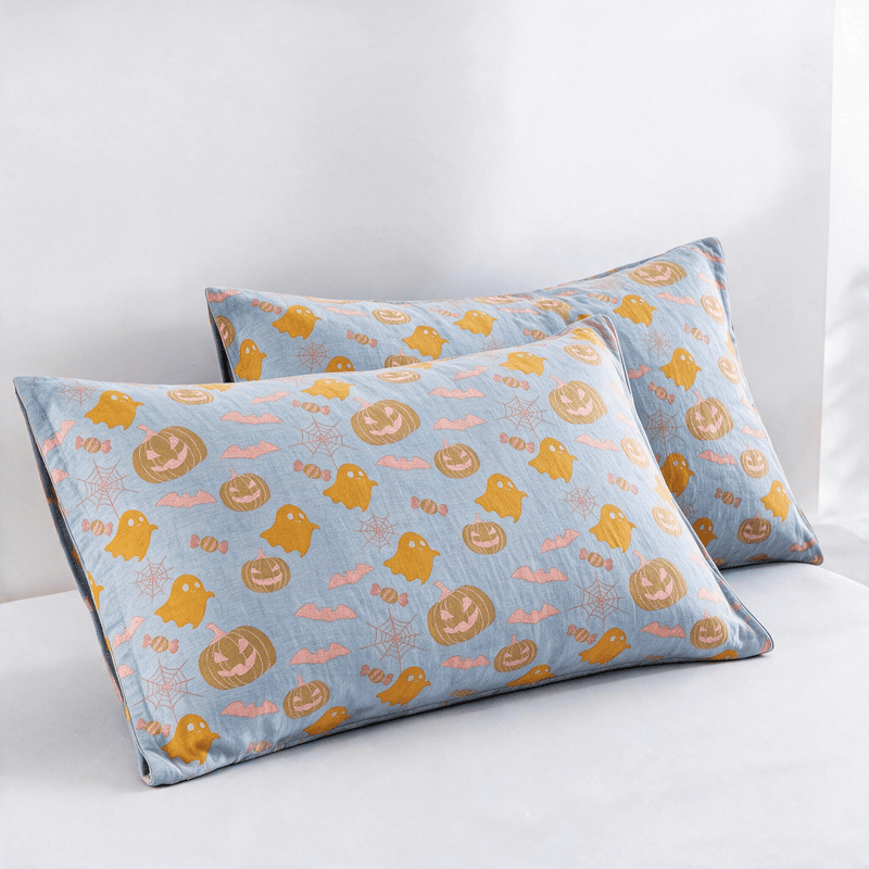 Couverture réversible en coton Ownkoti avec citrouille et fantôme pour Halloween - Bleu et orange - 2 taies d'oreiller - 20 po x 36 po - image 11