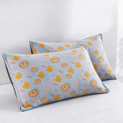 Couverture réversible en coton Ownkoti avec citrouille et fantôme pour Halloween - Bleu et orange - 2 taies d'oreiller - 20 po x 36 po - image 11