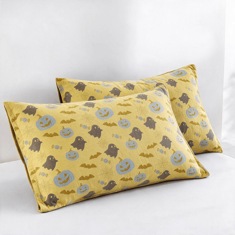 Couverture réversible en coton Ownkoti avec citrouille et fantôme pour Halloween - Jaune et gris - 2 taies d'oreiller - 20 po x 36 po - image 17