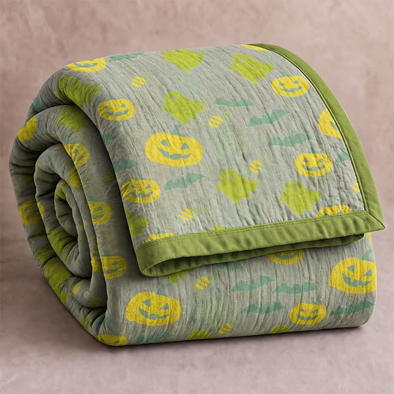 Couverture réversible en coton Ownkoti avec citrouille et fantôme pour Halloween - Gris et vert - Couverture - 98" x 94" - image 30