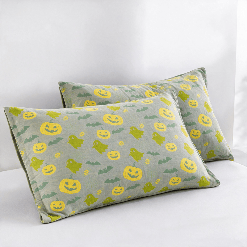 Couverture réversible en coton Ownkoti avec citrouille et fantôme pour Halloween - Gris et vert - 2 taies d'oreiller - 20 po x 36 po - image 35