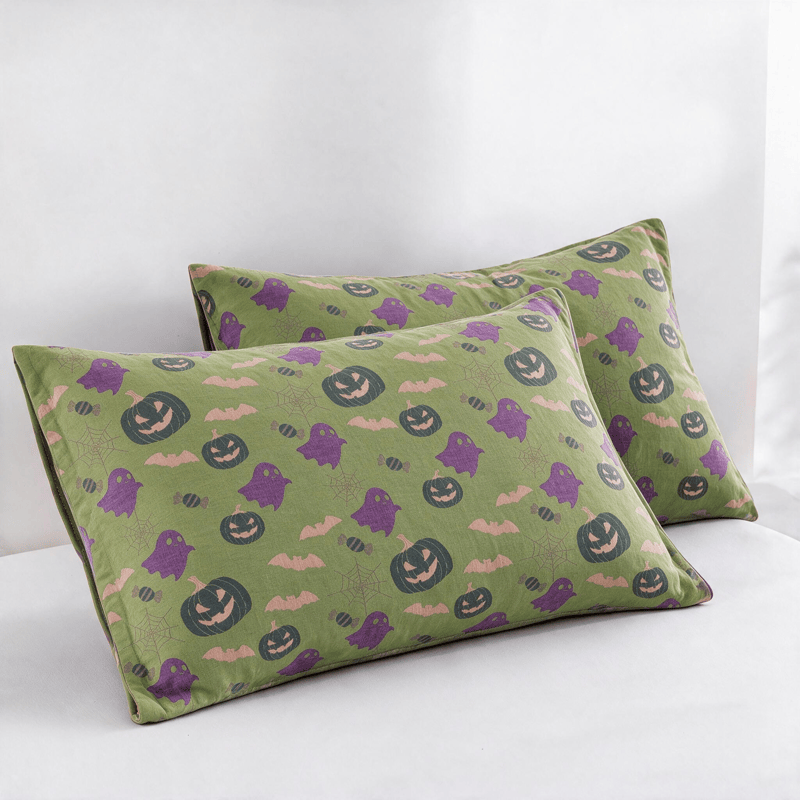Couverture réversible en coton Ownkoti avec citrouille et fantôme pour Halloween - Vert et violet - 2 taies d'oreiller - 20 po x 36 po - image 46