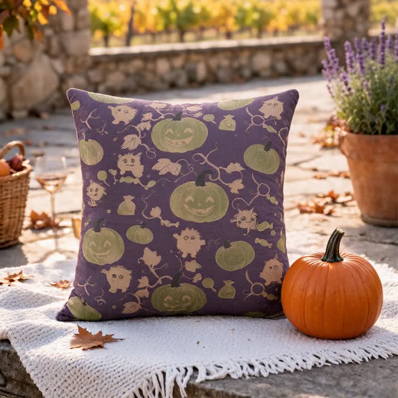 Oreiller en coton multicolore Ownkoti citrouille et monstre d'Halloween - Violet - 18 po x 18 po - Avec insert - image 8