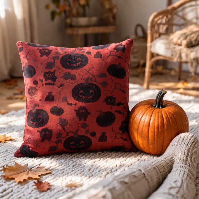 Oreiller en coton multicolore Ownkoti citrouille et monstre d'Halloween - Rouge - 18 po x 18 po - Avec insert - image 0