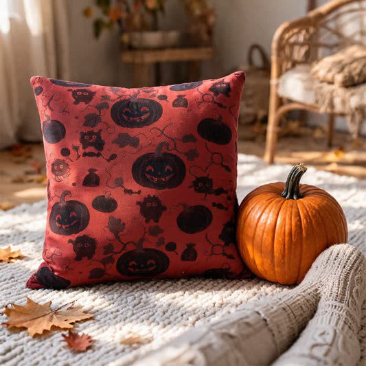 Oreiller en coton multicolore Ownkoti citrouille et monstre d'Halloween - Rouge - 18 po x 18 po - Avec insert - image 0