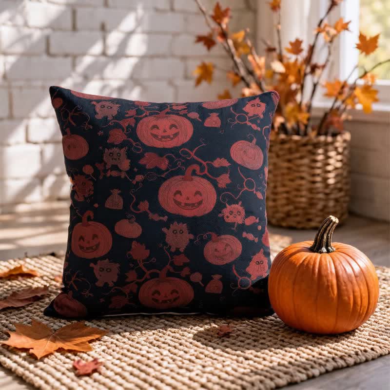 Oreiller en coton multicolore Ownkoti citrouille et monstre d'Halloween - Noir - 18 po x 18 po - Avec insert - image 4