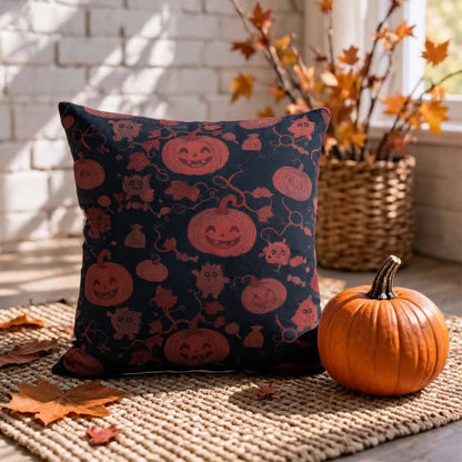 Oreiller en coton multicolore Ownkoti citrouille et monstre d'Halloween - Noir - 18 po x 18 po - Avec insert - image 4