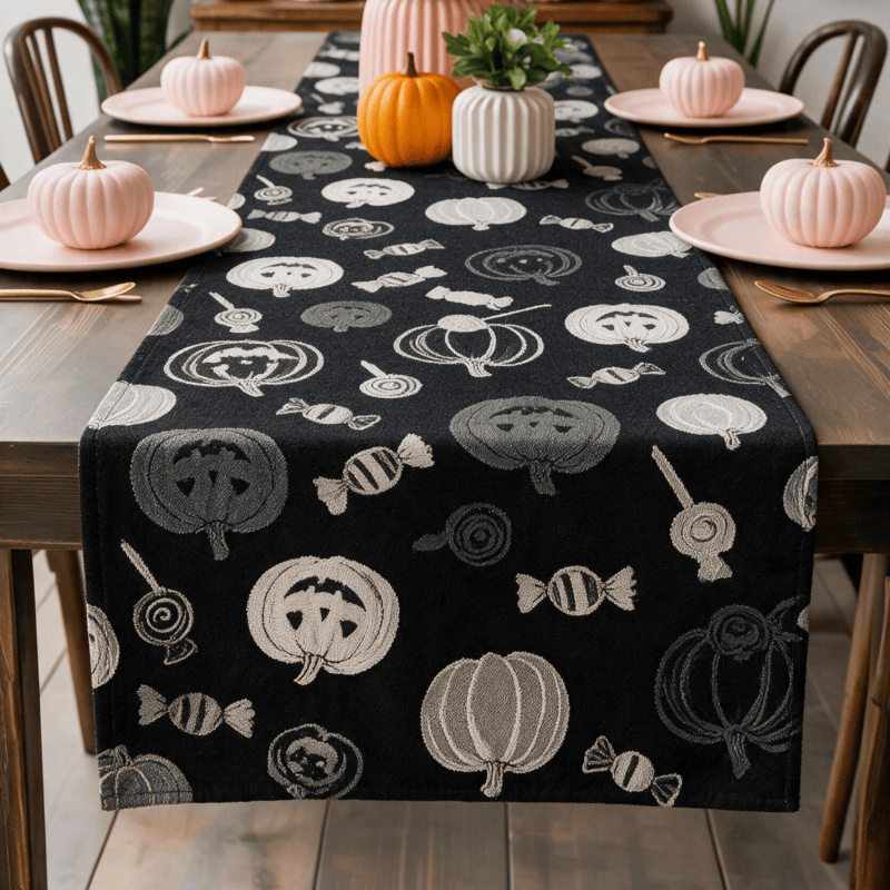 Chemin de table en coton noir Ownkoti citrouille et bonbons d'Halloween - image 1