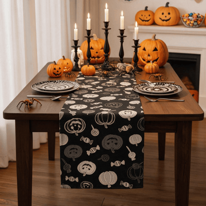 Chemin de table en coton noir Ownkoti citrouille et bonbons d'Halloween - Noir - 14 po x 108 po - image 0