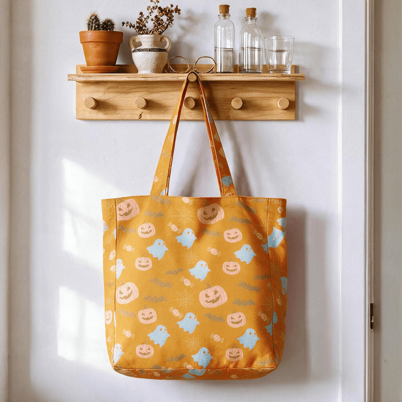 Sac fourre-tout en coton Ownkoti multicolore fantôme d'Halloween - Orange et jaune - 14,2 po L × 15,4 po H × 4,1 po P - image 0