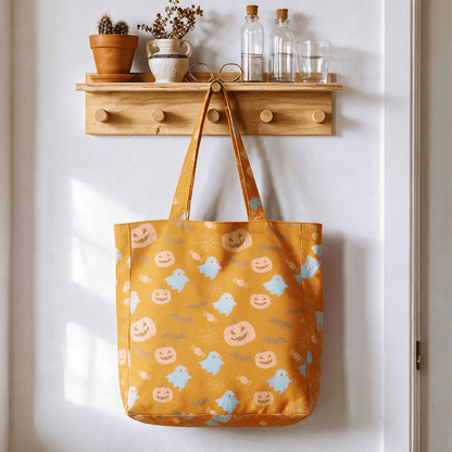 Sac fourre-tout en coton Ownkoti multicolore fantôme d'Halloween - Orange et jaune - 14,2 po L × 15,4 po H × 4,1 po P - image 0