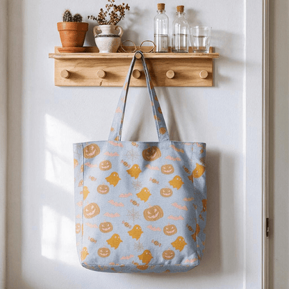 Sac fourre-tout en coton Ownkoti multicolore fantôme d'Halloween - Bleu et orange - 14,2 po L × 15,4 po H × 4,1 po P - image 3