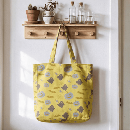 Sac fourre-tout en coton Ownkoti multicolore fantôme d'Halloween - Jaune et gris - 14,2 po L × 15,4 po H × 4,1 po P - image 6