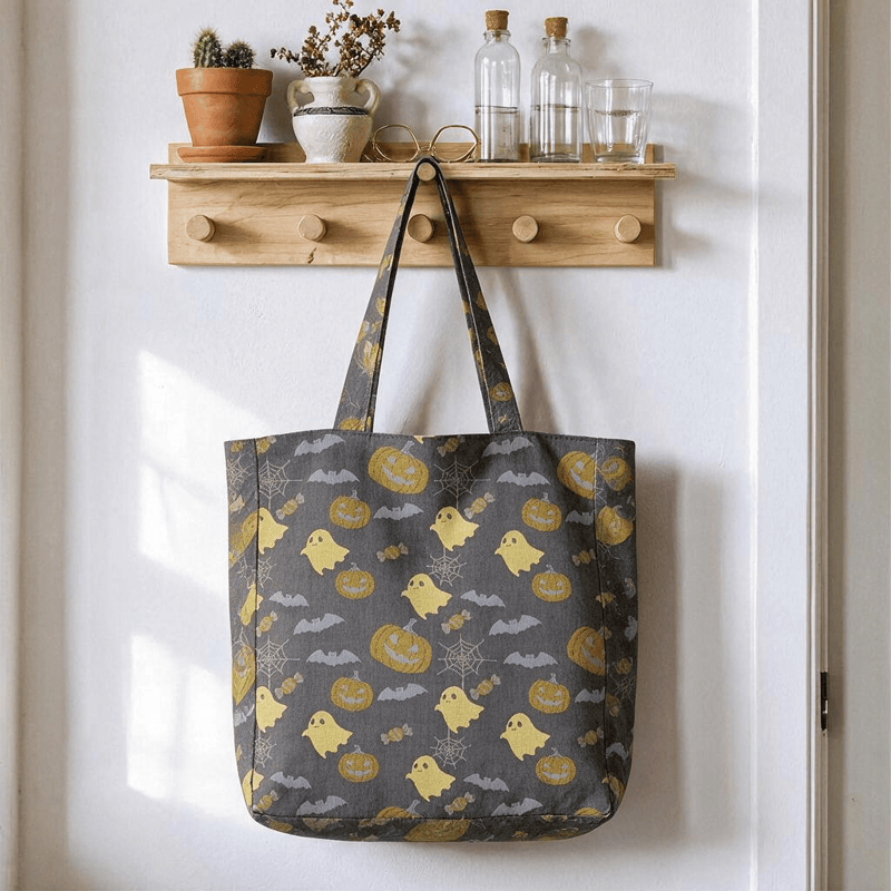 Sac fourre-tout en coton Ownkoti multicolore fantôme d'Halloween - Café et jaune - 14,2 po L × 15,4 po H × 4,1 po P - image 9