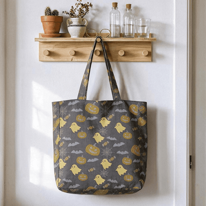 Sac fourre-tout en coton Ownkoti multicolore fantôme d'Halloween - Café et jaune - 14,2 po L × 15,4 po H × 4,1 po P - image 9