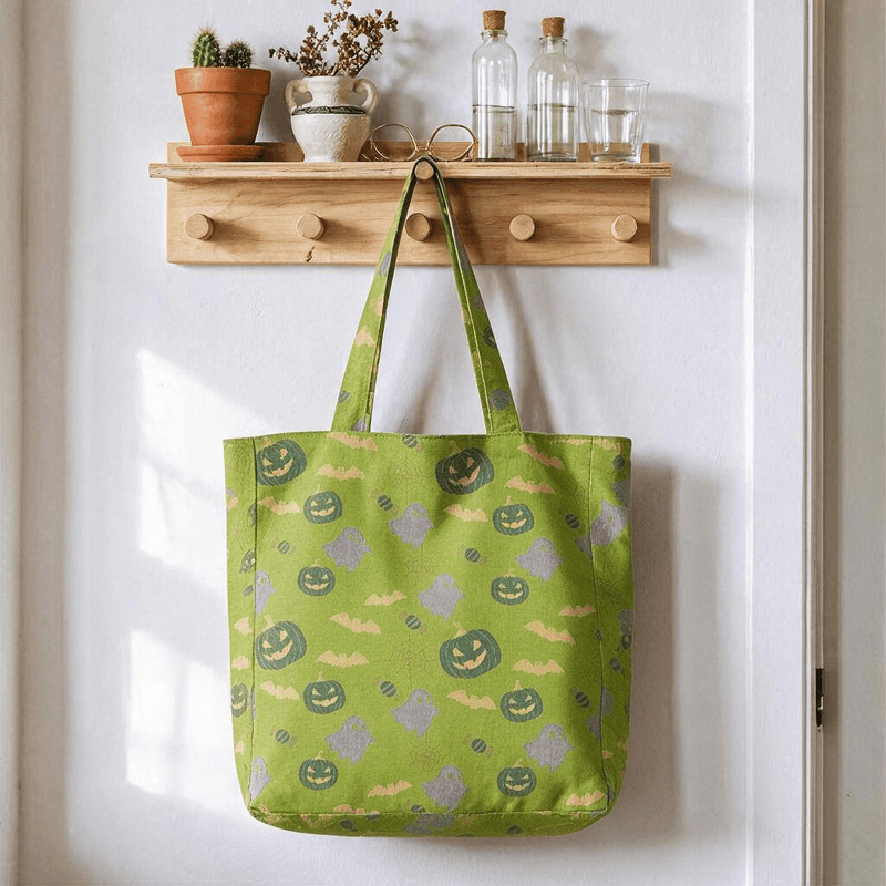 Sac fourre-tout en coton Ownkoti multicolore fantôme d'Halloween - Vert et jaune - 14,2 po L × 15,4 po H × 4,1 po P - image 12