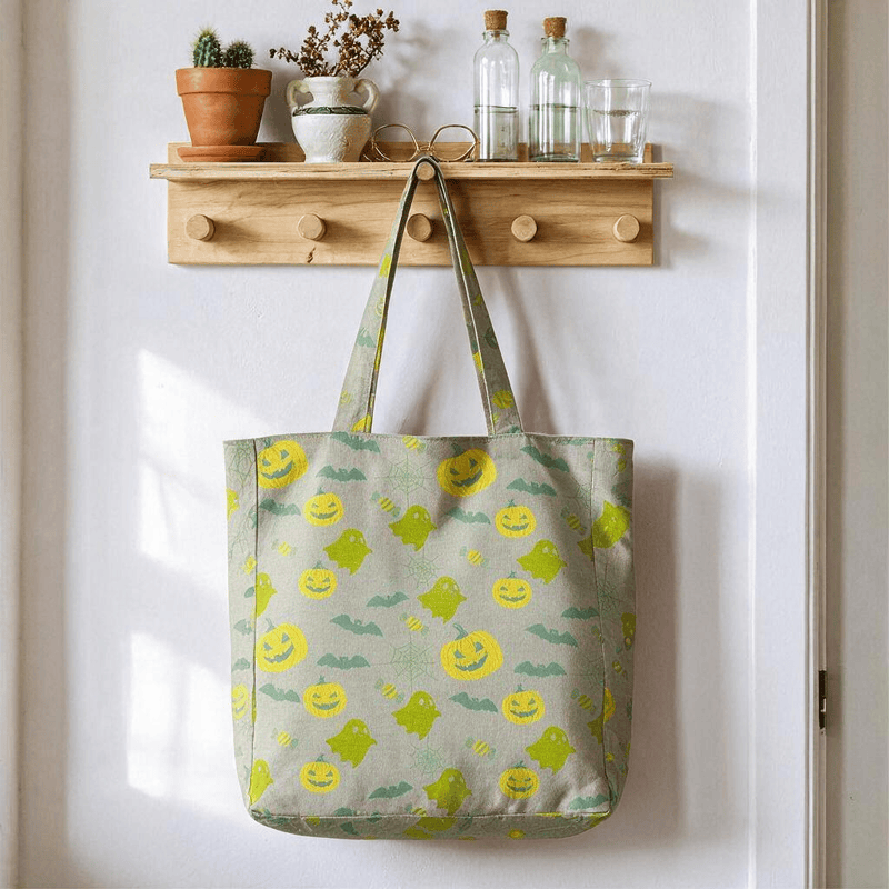 Sac fourre-tout en coton Ownkoti multicolore fantôme d'Halloween - Gris et vert - 14,2 po L × 15,4 po H × 4,1 po P - image 15