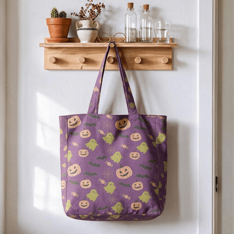 Sac fourre-tout en coton Ownkoti multicolore fantôme d'Halloween - Violet profond - 14,2 po L × 15,4 po H × 4,1 po P - image 18