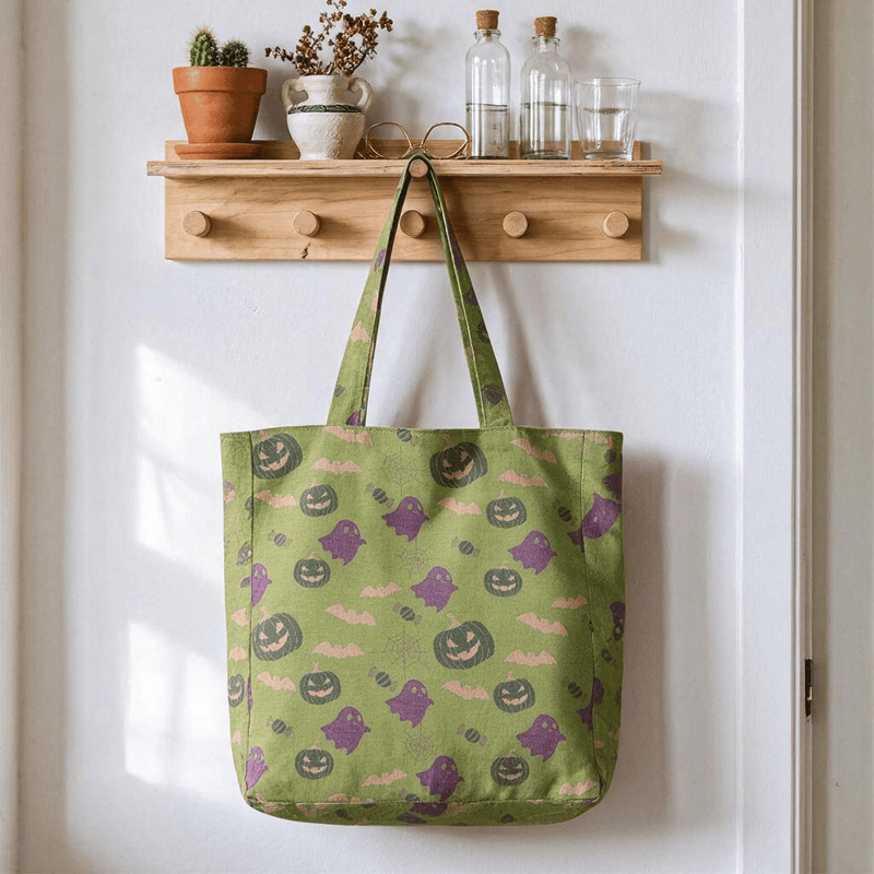 Sac fourre-tout en coton Ownkoti multicolore fantôme d'Halloween - Vert et violet - 14,2 po L × 15,4 po H × 4,1 po P - image 21
