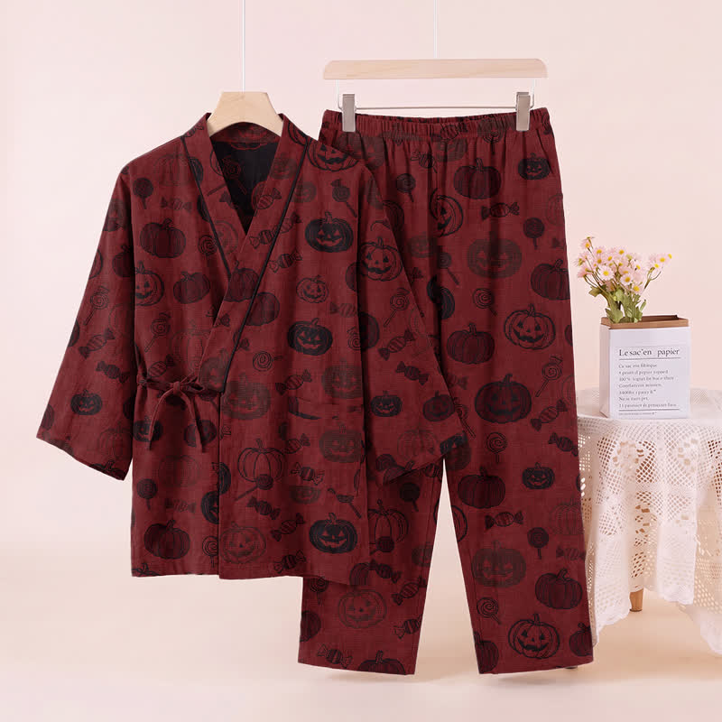 Ensemble pyjama kimono en coton Ownkoti Halloween citrouille bonbon - Rouge - XL - image 2