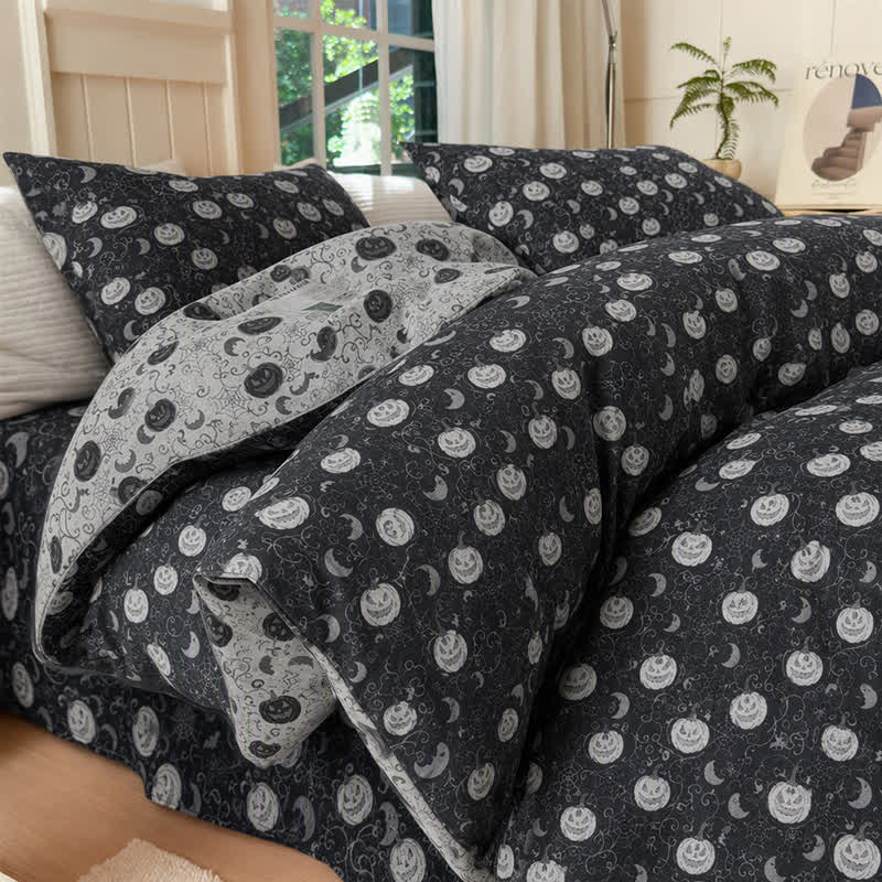 Ensemble de literie en coton Ownkoti Halloween Citrouille Lune - Noir - Ensemble de literie (4 pièces) - Roi - image 0
