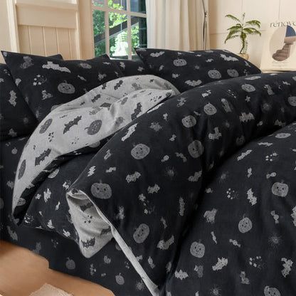 Ensemble de literie en coton Ownkoti Halloween citrouille chauve-souris - Noir - Ensemble de literie (4 pièces) - Roi - image 0