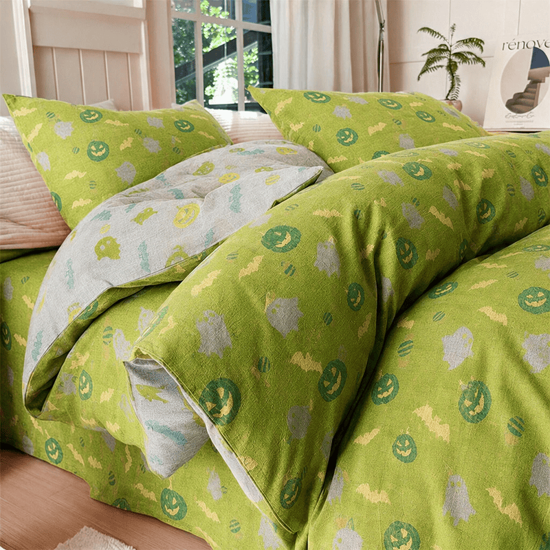 Ensemble de literie en coton Ownkoti Multicolore Citrouille Fantôme - Vert et jaune - Ensemble de literie (4 pièces) - Roi - image 7