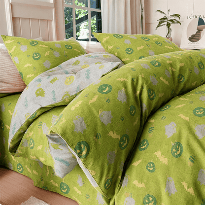 Ensemble de literie en coton Ownkoti Multicolore Citrouille Fantôme - Vert et jaune - Ensemble de literie (4 pièces) - Roi - image 7