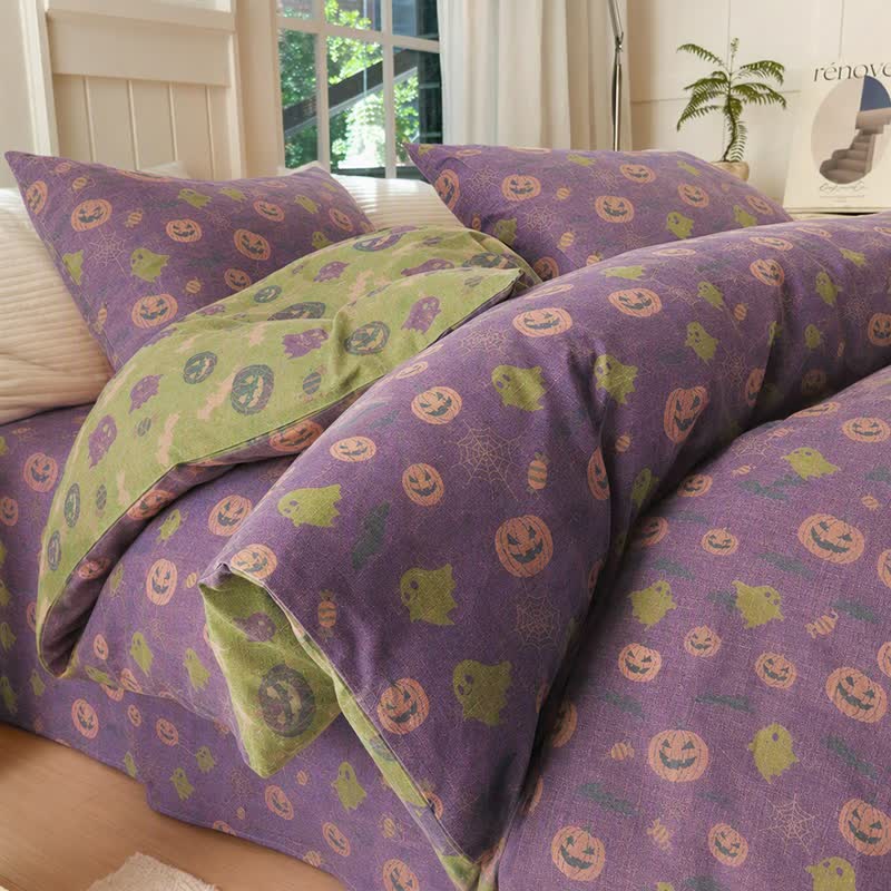 Ensemble de literie en coton Ownkoti Multicolore Citrouille Fantôme - Violet profond - Ensemble de literie (4 pièces) - Roi - image 14