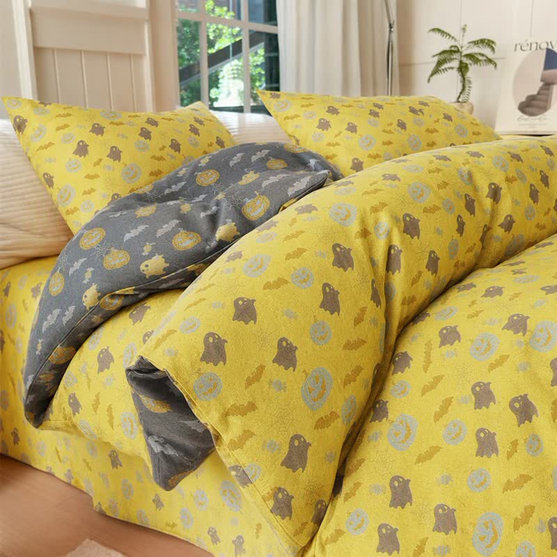 Ensemble de literie en coton Ownkoti Multicolore Citrouille Fantôme - Jaune et gris - Ensemble de literie (4 pièces) - Roi - image 0