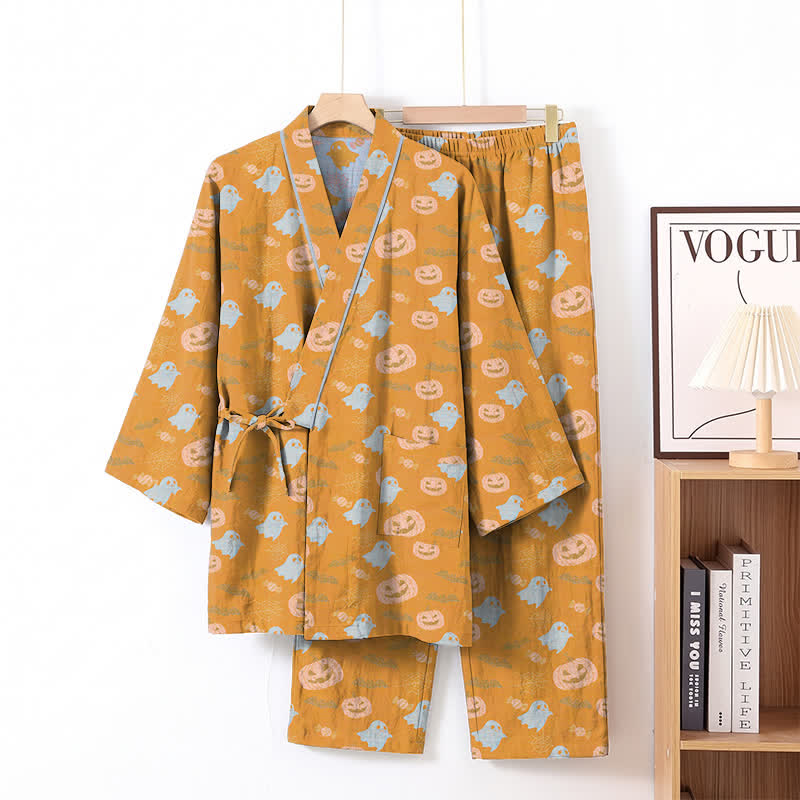 Ensemble pyjama kimono en coton Ownkoti Halloween fantôme citrouille - Orange et jaune - XL - image 1