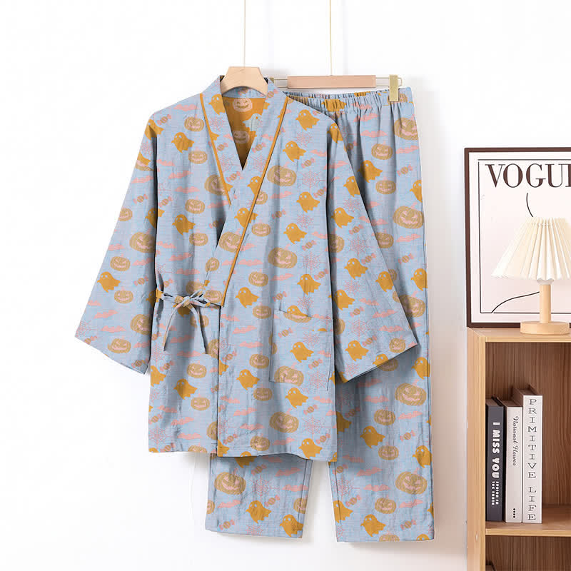 Ensemble pyjama kimono en coton Ownkoti Halloween fantôme citrouille - Bleu et orange - XL - image 8