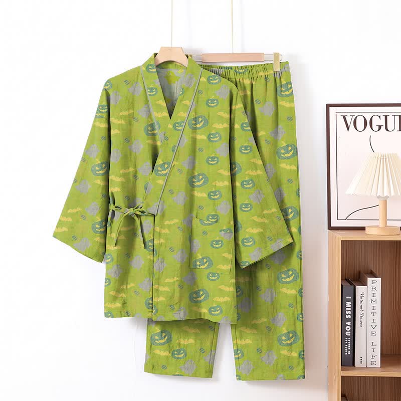 Ensemble pyjama kimono en coton Ownkoti Halloween fantôme citrouille - Vert et jaune - XL - image 32