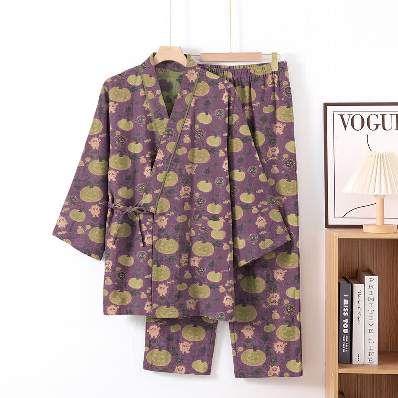 Ensemble pyjama kimono rétro citrouille d'Halloween Ownkoti - Violet - XL - image 1