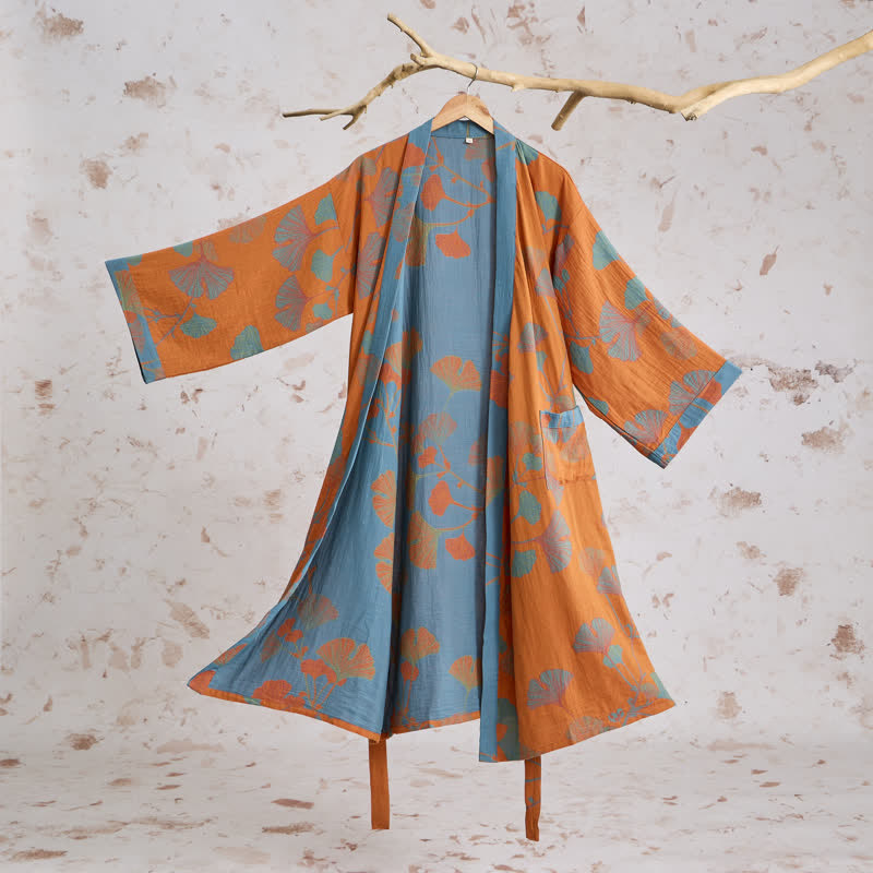 Kimono rétro en coton à feuilles de ginkgo Ownkoti - Orange - XL - image 0