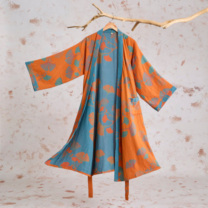 Kimono rétro en coton à feuilles de ginkgo Ownkoti - Orange - XL - image 0