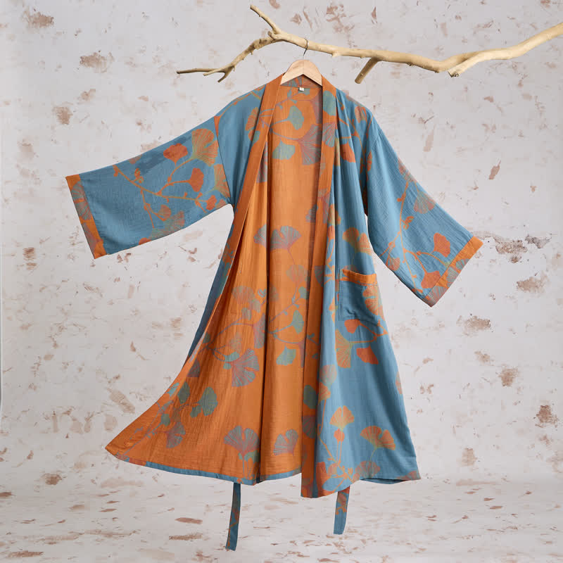 Kimono rétro en coton à feuilles de ginkgo Ownkoti - Bleu - XL - image 8