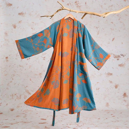 Kimono rétro en coton à feuilles de ginkgo Ownkoti - Bleu - XL - image 8