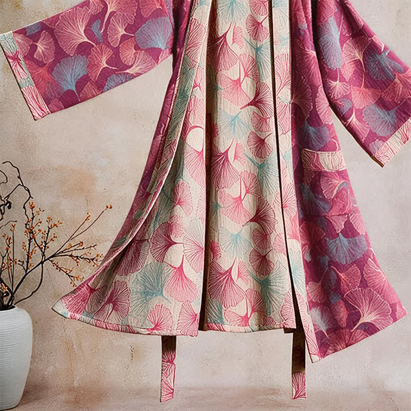 Peignoir kimono artistique à motif feuille de ginkgo Ownkoti - image 3