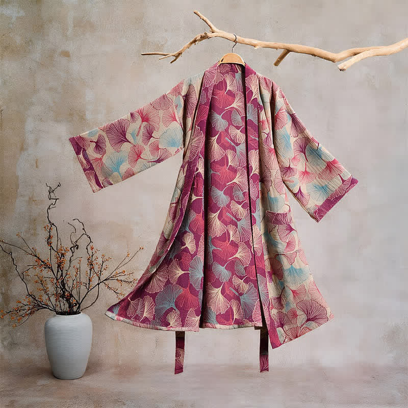 Peignoir kimono artistique à motif feuille de ginkgo Ownkoti - Beige - XL - image 5