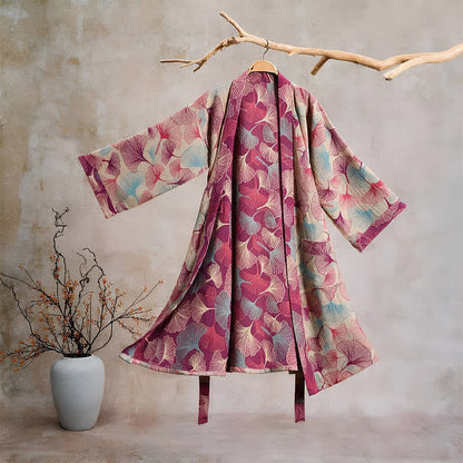 Peignoir kimono artistique à motif feuille de ginkgo Ownkoti - Beige - XL - image 5