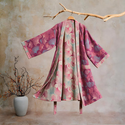 Peignoir kimono artistique à motif feuille de ginkgo Ownkoti - Fuchsia - XL - image 0