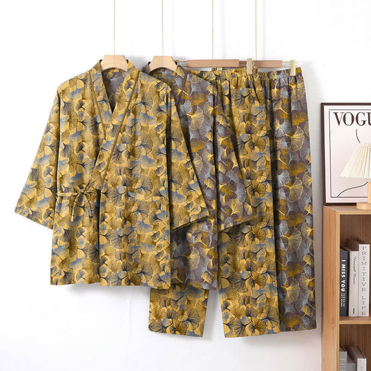 Ensemble kimono-pyjama en coton à motif de feuilles de ginkgo vintage Ownkoti - image 0