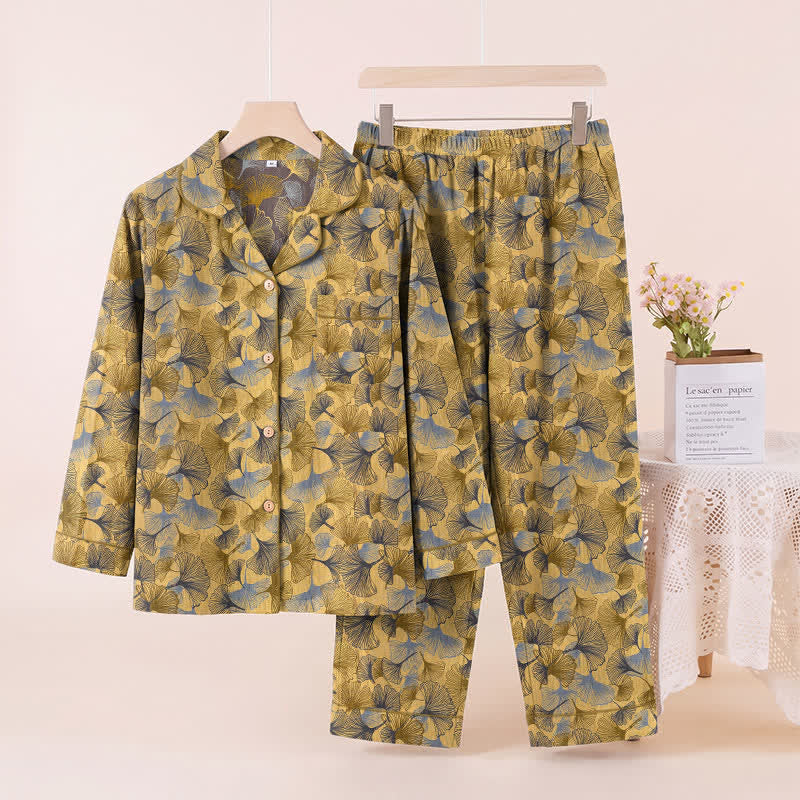Ensemble pyjama Ownkoti à col cranté en forme de feuille de ginkgo - Jaune - XL - image 0