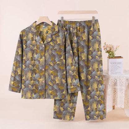 Ensemble pyjama Ownkoti à col cranté en forme de feuille de ginkgo - Brun clair - XL - image 5