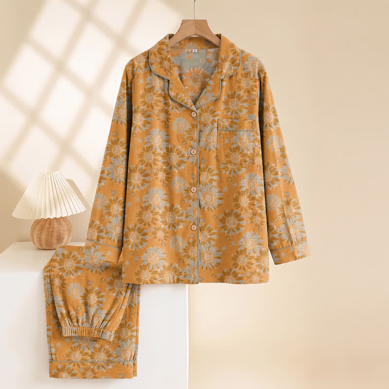 Ensemble pyjama d'intérieur en coton à motif tournesol rétro Ownkoti - image 1