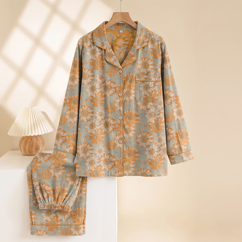 Ensemble pyjama d'intérieur en coton à motif tournesol rétro Ownkoti - image 8